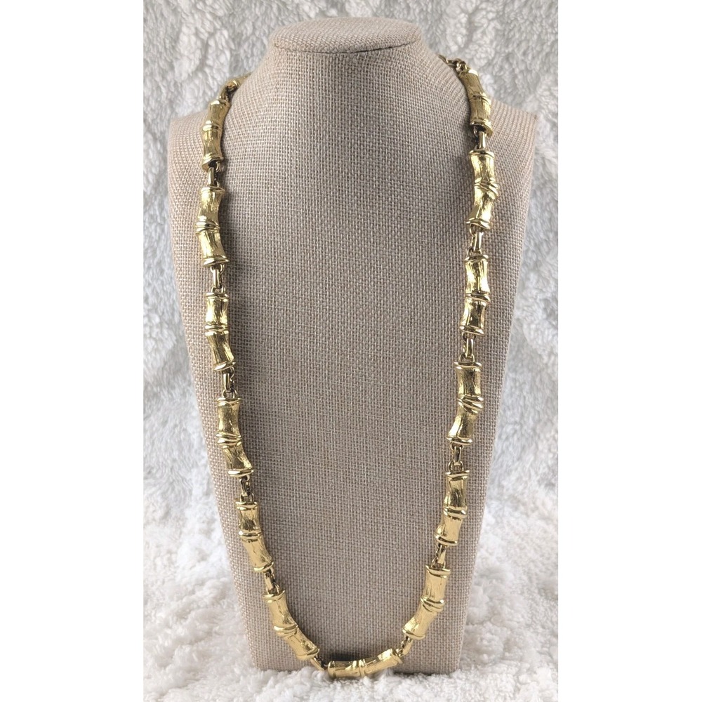 Vintage MONET Gold Tone Bamboo Link Necklace 27" Long‎ Statement Signed